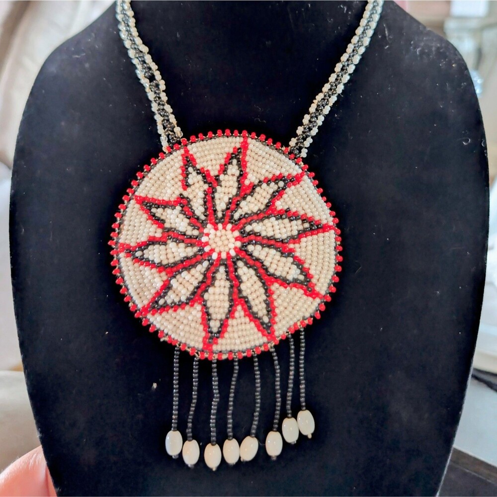 Medallion Flower Pinwheel Necklace Seed Bead Boho Statement Pendant Large
